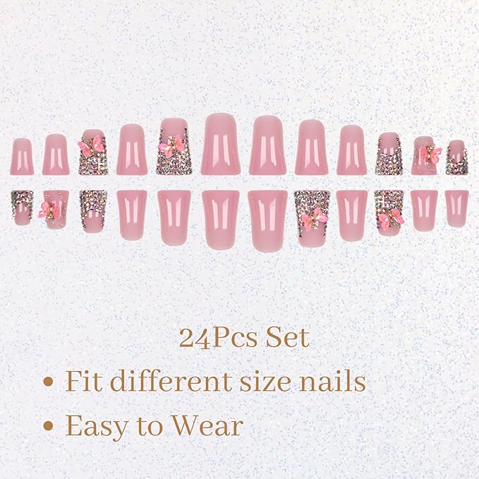 Duck Nails Press on Pink Short Junk Square Acrylic with Butterfly Charms Designs Handmade False Baddie Nails Cute Rhinestones for Women 24Pcs (Designs, duck pink)