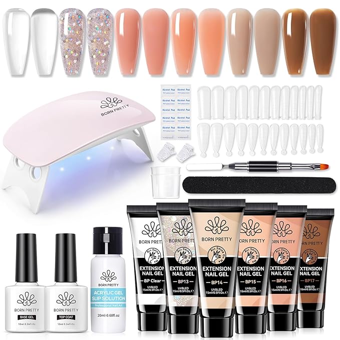 BORN PRETTY Extension Nail Gel Kit-6 Colors Gel Kit Nude Clear Jelly All-In-1 Set Builder Glue with U V Lamp Base Top Coat Set Forms French Manicure Set for Beginner