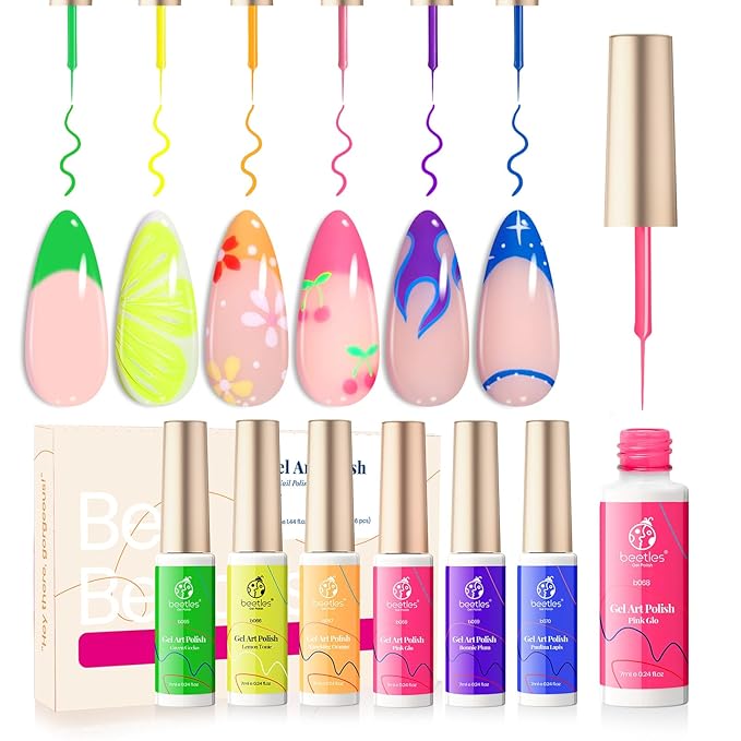 Beetles Summer Gel Liner Nail Polish Set - 6 Neon Gel Nail Polish Colors Hot Pink Orange Blue Yellow Paint for Nails Built Thin Brush in Bottle Soak off Uv LED Lamp Nails Art