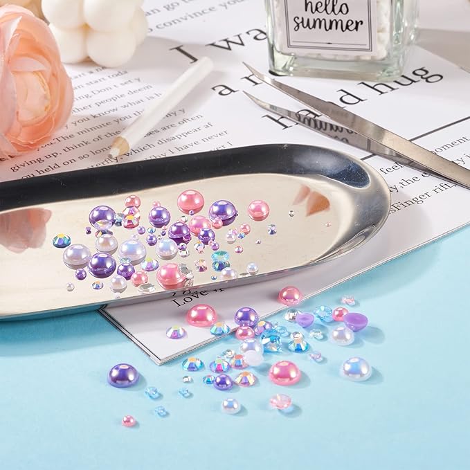 3400Pcs Flatback Resin Pearls Rhinestones, Mermaid Nail Gems AB Color Faux Pearl Beads Rhinestone Cabochons with Pickers Pen Tweezers for Nail Art Makeup