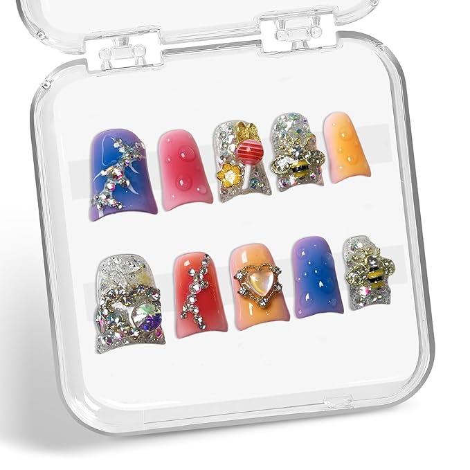 Gradient Press on Nails Luxury Handmade Fake Nail 3D Lollipop & Rhinetone Bee Design False Nails with Designs Heart Flower Press on Nails Muti-Layer Gel Thick Acrylic Nail for Women (Size M)