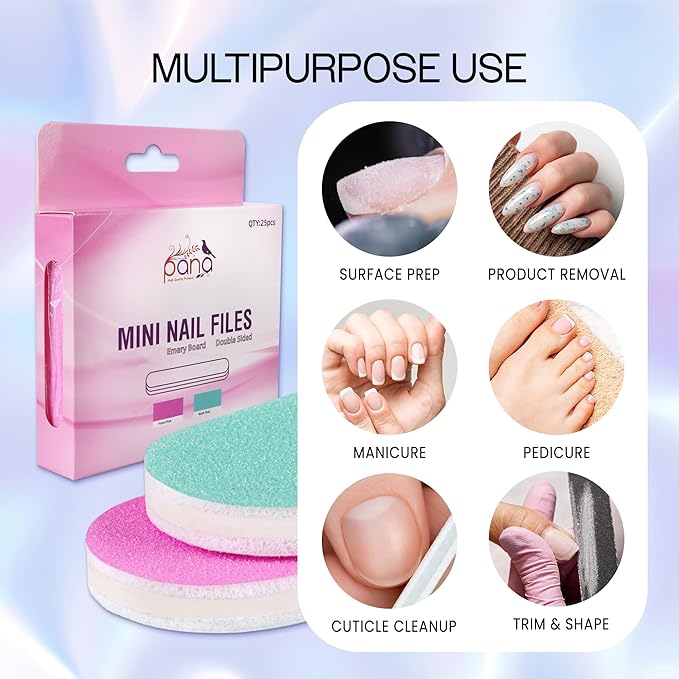25pcs - PANA Mini Double-Sided Emery Nail File for Manicure, Pedicure, Natural, and Acrylic Nails - Pink/Teal (Grit 100/100)