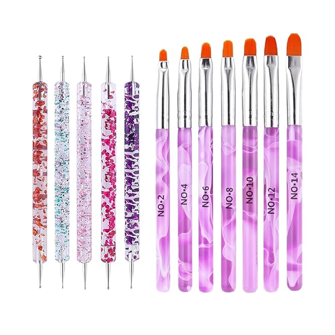12Pcs Nail Dotting Tools Set, 5 Pcs Double-end Nail Dotting Pen and 7 Pcs Nail Art Painting Brushes