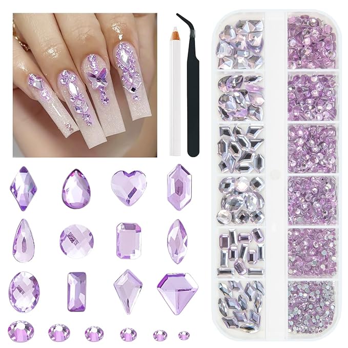 2052Pcs Amethyst Purple Nail Rhinestones Glass Light Purple Rhinestones for Nails 72 Multi Shapes Big Gems +1980 Flatback Round Beads Crystals Diamonds Jewels Nail Art Charms for Faces Makeup