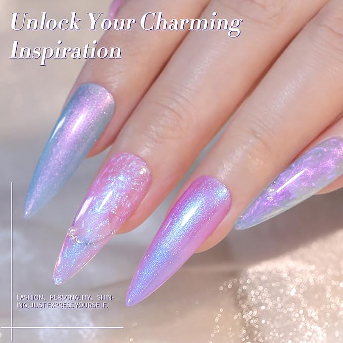 Born Pretty 6 Colors Pearl Gel Nail Polish Set,Aurora Iridescent Shimmer White Pink Purple Mermaid Glitter Gel Polish Shell Swirl Thread Effect Glitter Silk Soak Off U V LED Gift for Women & Girls