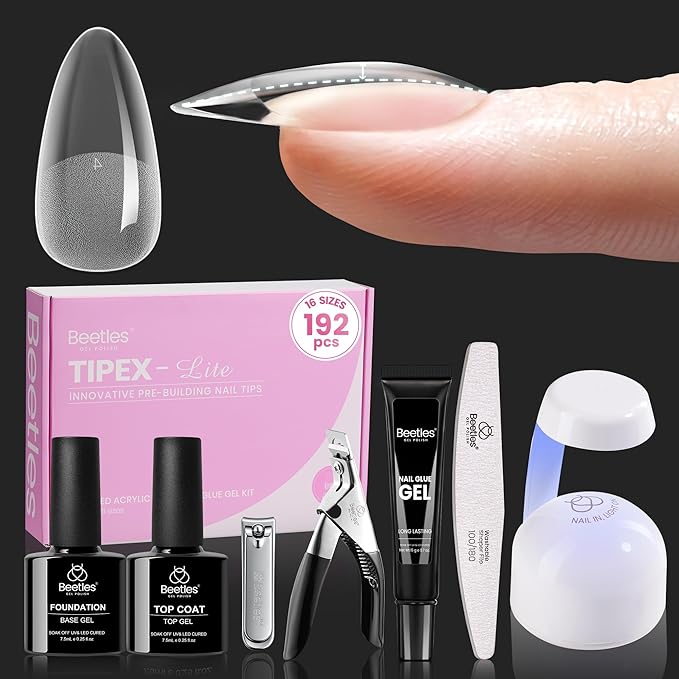 Beetles Tipex Lite Apex Nail Tips Kit, Almond Medium, 192pcs 16 Sizes, with UV Nail Glue, Base & Top Coat, Mini Nail Lamp, Nail Clipper & Cuticle Nipper, Pre-Building Pre-Etched Acrylic Tips Kit
