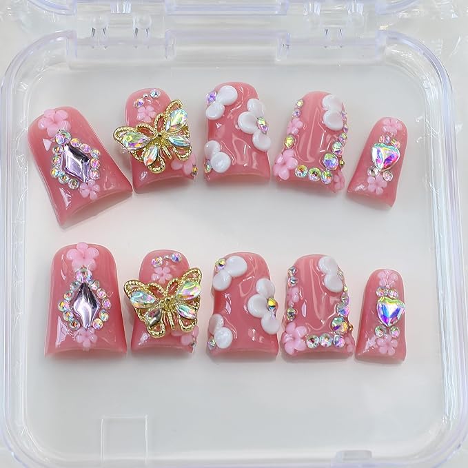 10Pcs Flower Butterfly Press on Nails Handmade Duck Fake Nails with 3D Flower Butterfly Rhinestone Design Pink False Nails Short Acrylic Nails Press ons Cute Handmade Glue on Nail for Women (S)