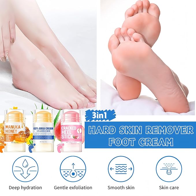 3PCS Foot Balm Stick Set - Manuka Honey Foot Cream, 60% Urea Heel Balm & Peach Scent Cracked Heel Stick - Hydrating Foot Care for Dry Cracked Feet, Heels & Hands, 1.41oz Each