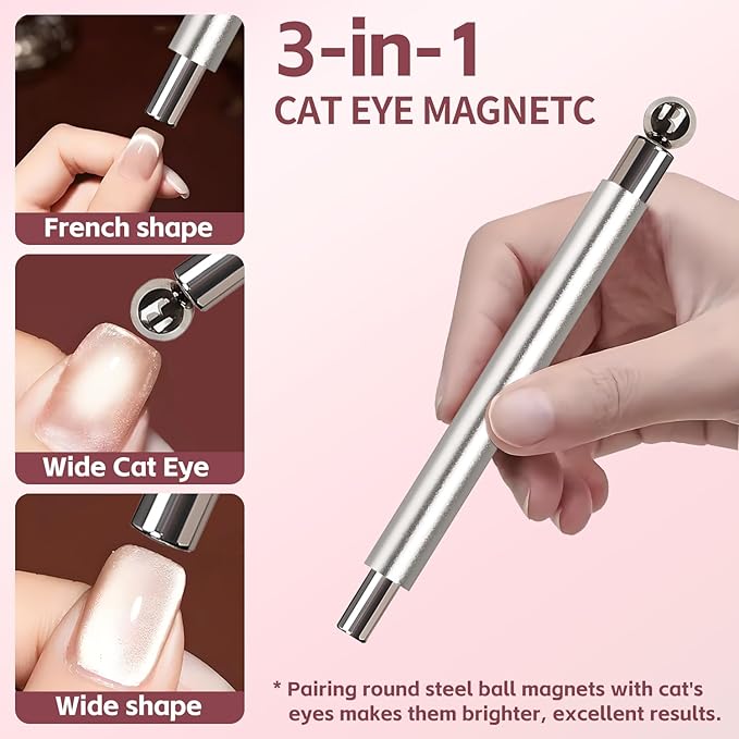 4-Piece Cat Eye Magnet Set – Silver Dual-Ended Nail Magnet With Round Bead, Heart Nail Magnets for Nail Art, and Black Magnetic Bead-Pickup Pen, Magnet for Cat Eye Gel Polish DIY Nail Designs