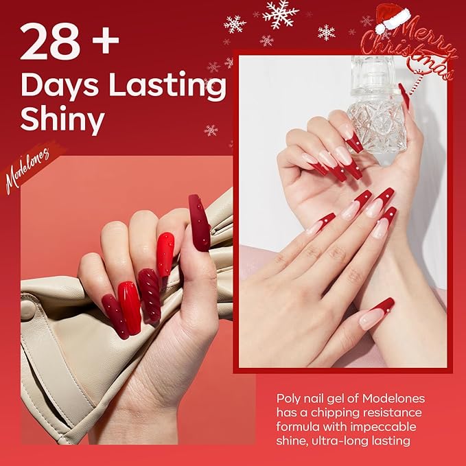 modelones Poly Nail Gel Set, 6 Colors Popular Red Collection Bright Wine Burgandy Glitter Poly Extension Gel Dark Bloody Red Builder Starter Home DIY Manicure Nail Art Gift