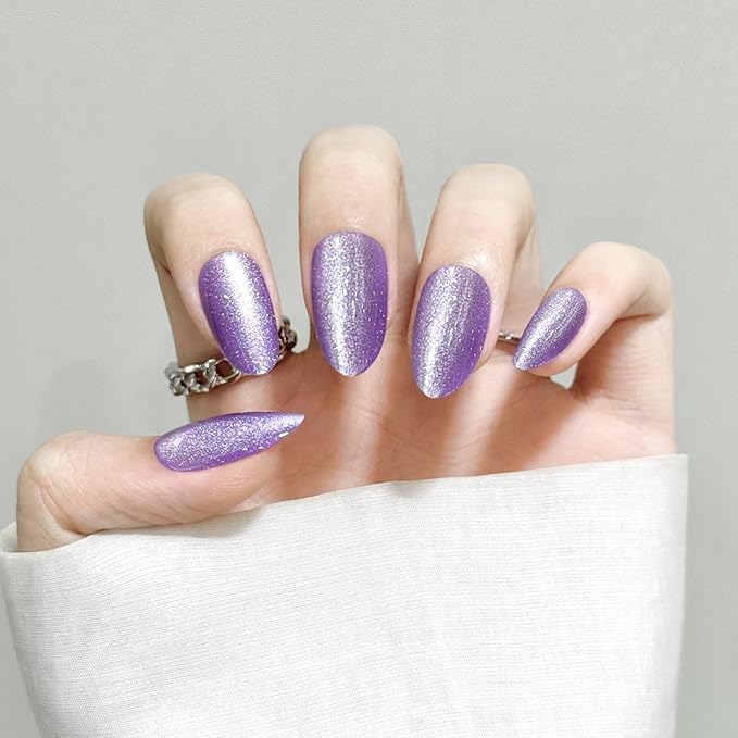 Purple Almond Cat Eyes Press On Nails,12 Sizes - 24 Pcs Soft Gel Grape Purple Medium Fake Nails Kit with Nail Glue, Natural Reusable Stick On False Nails for Women and Girls SK1025