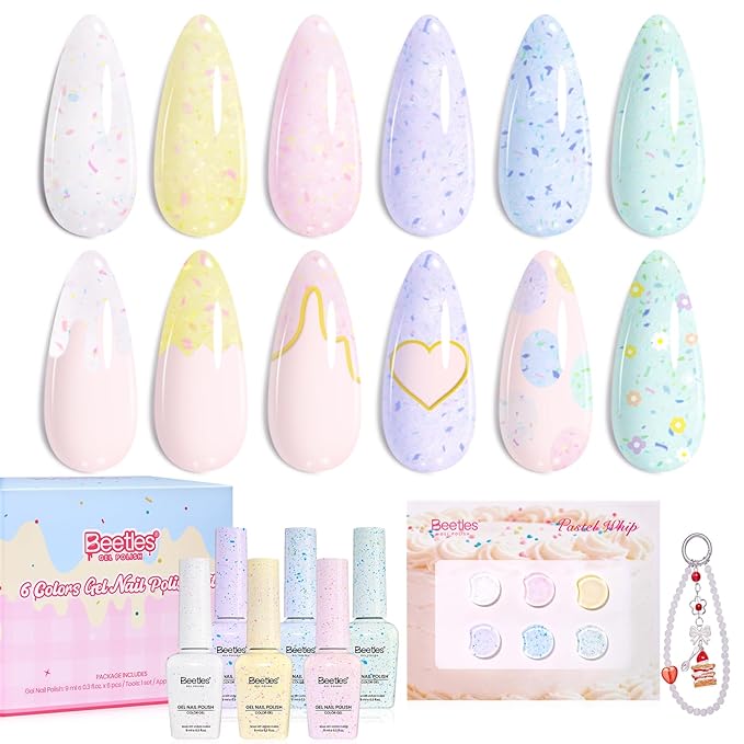 Beetles Easter Gel Nail Polish Set, Pastel Whip 6 Colors Taste of Spring Macaron Shimmer Glitter Gel Polish Kit Spring Pink Yellow green Soft Creamy Soak Off UV LED DIY Gel Nail Art Gifts for Women