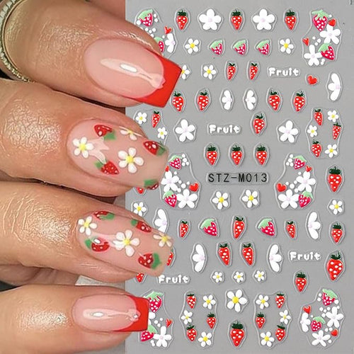 1 Sheets Strawberry Nail Stickers 5D Embossed Fruit Nail Decals Summer Stickers DIY Nail Art Decoration White Flower Nail Decals for Nail Art Handmade Nails Supplies