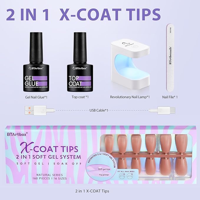 BTArtbox XCOATTIPS Gel Nail Kit - Short Coffin Press on Nails with Gel Glue, Top Coat, Nail Lamp, Pre-colored Short Nail Tips Brown Fake Nails for Daily Nail Art