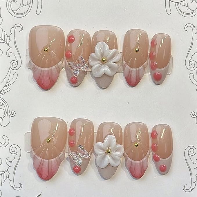 Flower Press on Nails Medium Almond Handmade Fake Nails Pink White Gradient French Tip Acrylic Nails Thick and Muti-Layer Gel False Nails 3D Floral Butterfly Design Nails DIY Art for Women (Size S)