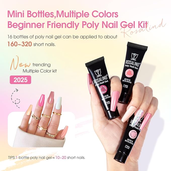 ROSALIND Poly Nail Gel Kit -16 Colors + Nude Glitter Nail Art Accessories kit Clear Nude Poly Nails Gel Kit Starter Kit With Slip Solution Nude Pink Nail Extensions Gel Set with Mini UV Lamp
