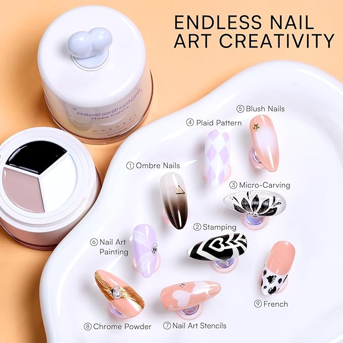 Makartt 5-in-1 Nail Art Gel: ColorPot 3 Colors Gel Nail Polish No Wipe with Nail Stamp for Stamping, Ombre Patting, Painting, Sculpting & French Tips with Silicone Head for Diy Nails at Home Salon