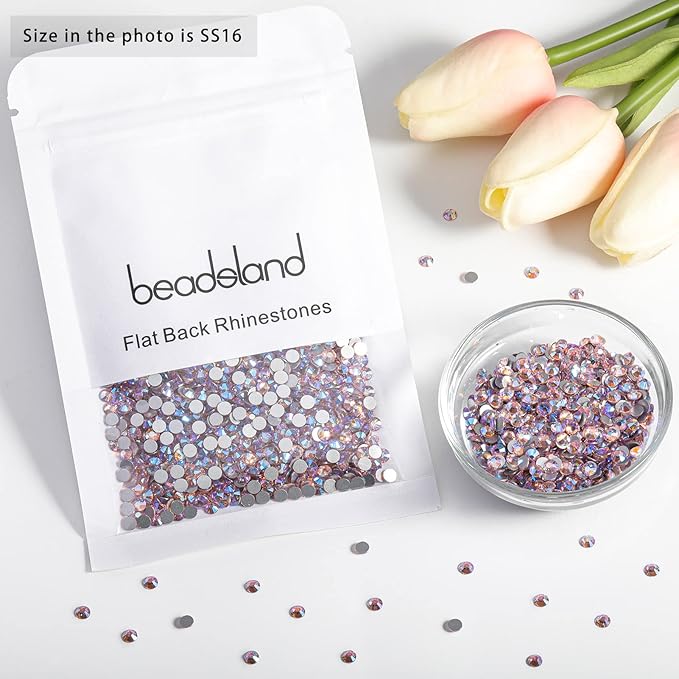 Beadsland 2880pcs Flat Back Crystal Rhinestones Round Gems for Nail Art and Craft Glue Fix, Light Pink AB, SS16,3.8-4.0mm