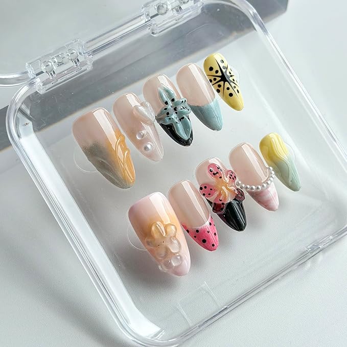 Luxury Press on Nails Medium Almond Handmade 3D Unique Reusable ABS Material Fake Nails French Tip False Nails with Designs Pearls Flower Water Ripple Glossy Glue on Nail Thick Acrylic Nail(M)