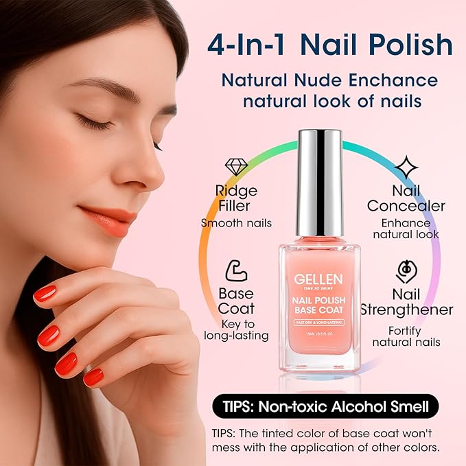 GELLEN Clear Nail Polish Base Coat Sheer Nude, Quick Air Dry Calcium-Formula Regular Nail Polish Strengthens Nails, Enhances Natural Look, Anti-Yellowing, TPO & Hema Free, Non-toxic