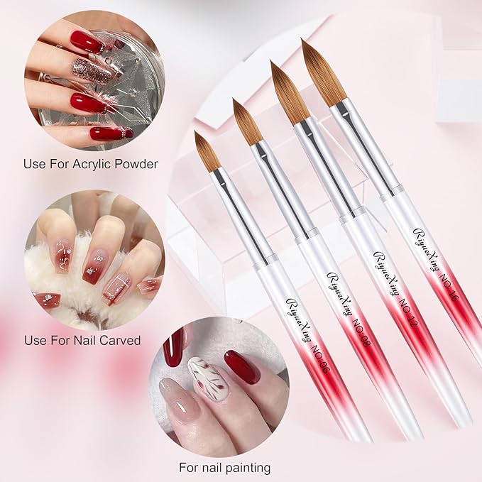 4PCS Acrylic Nail Brush Set, Kolinsky Hair, Oval Crimped Pressed Shaped, Size 6/8/12/16 - Red Metal Handle Professional Manicure Powder Brush for DIY Home Salon