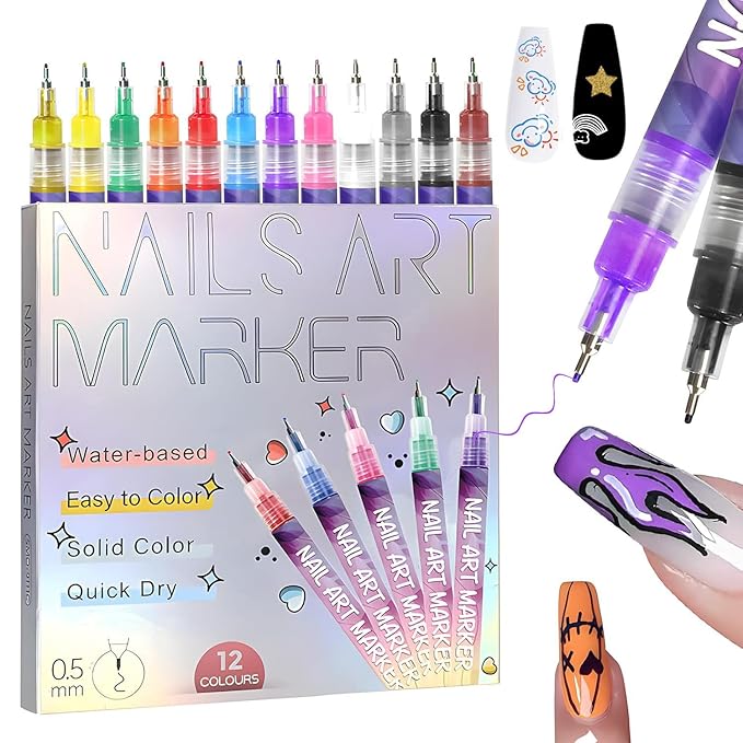 Hinourisha12pcs Nail Art Pens Sets, Nail Art Marker, 0.5mm Fine Tip Easiest Color Pens for Beginners painting nails, Nail Polish Pen Quick-drying Waterproof, Valentines Day Gifts for women
