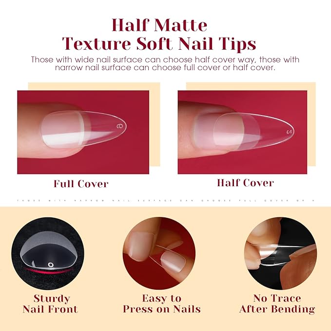 264PCS Half Matte Almond Fake Nail Tips, ROSALIND Clear Full Cover Medium False Nails Shape Soft Almond Gel Nail Tips12 Sizes Kit Nail Tips Acrylic Press on Nails (One-Sided No File)