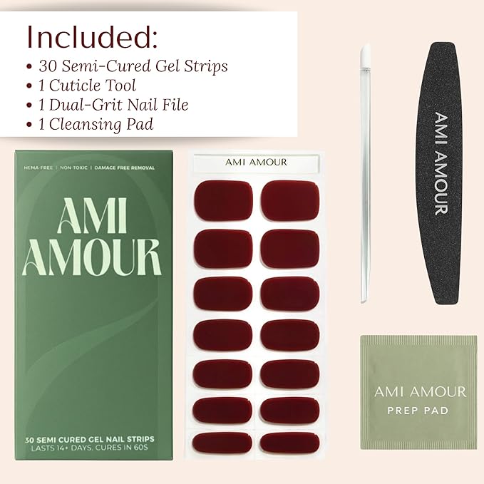 Ami Amour- Gel Nail Strips Cured Polish Color That Pops (Last 14+ Days) | Semi Cured Nail Sticker Wraps For Quick Easy Application (Cherry Red)