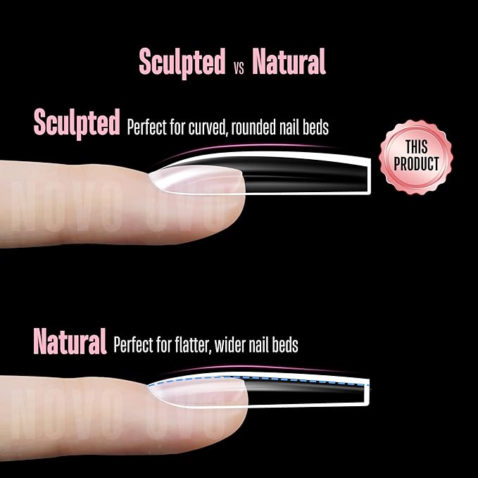 NOVO OVO Long Square Nail Tips SCULPTED (Not NATURAL) for Curved Nail Beds, Extra Thick L Length False Nails Press on, Full Cover Soft Gel Fake Nail Extension, Salon DIY x 15 Sizes 450 pcs