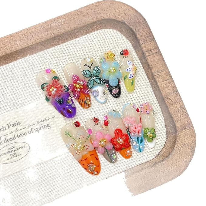 Handmade Press on Nails Colorful Flower Press on Nails Medium Almond Fake Nails Rhinestones Acrylic Nails Reusable Flower False Nails Glossy Designs for Women Girls DIY Manicure Decorations (Size M)