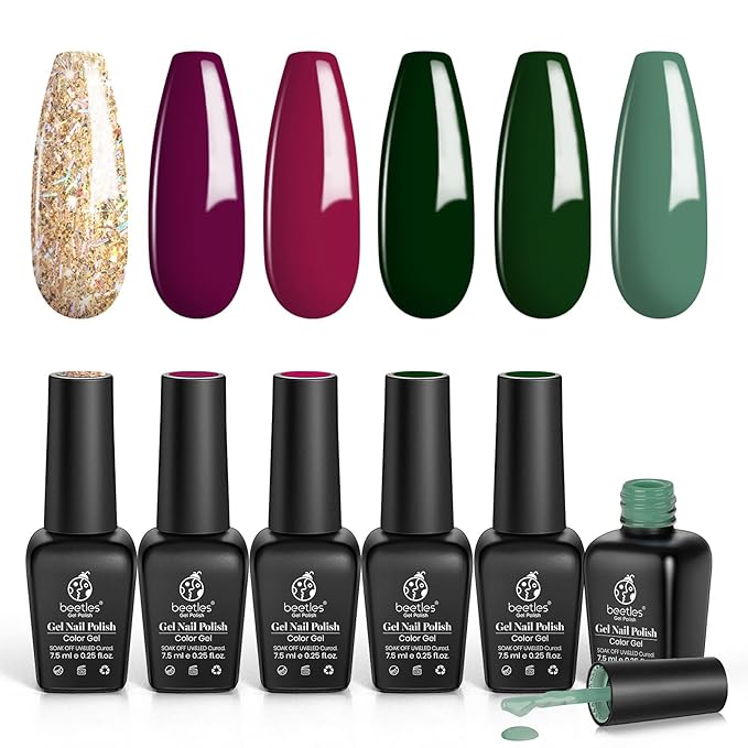 Beetles Gel Nail Polish Set, Burgundy Purple Red Green Glitter Gel Polish Soak Off Nail Art Beauty Gift Set for Women