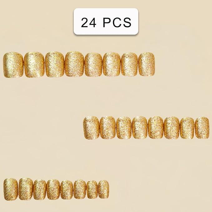 Gold Glitter Press on Nails Short Round Fake Nails Solid Gold Designs False Nails Shiny Golds Full Cover Glossy Reusable acrylic Stick on Nails for Women Girls Light Luxury Manicure Decoration 24Pcs