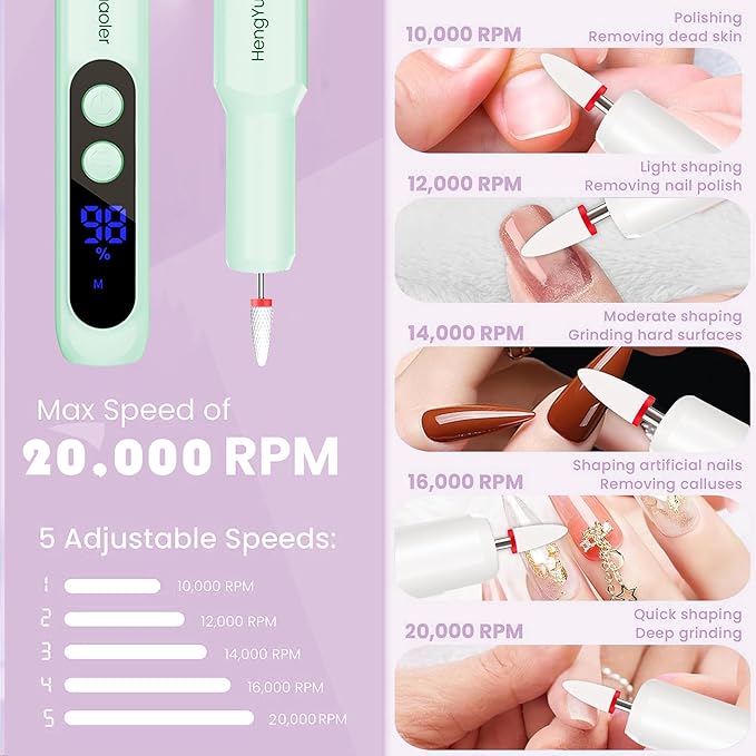 Cordless Electric Nail Drill Professional 3 Speeds Nail Drill Kit for Acrylic Gel Dip, USB Portable Rechargeable 20000 RPM Efile Manicure Pedicure Polishing Shape Tools(Green