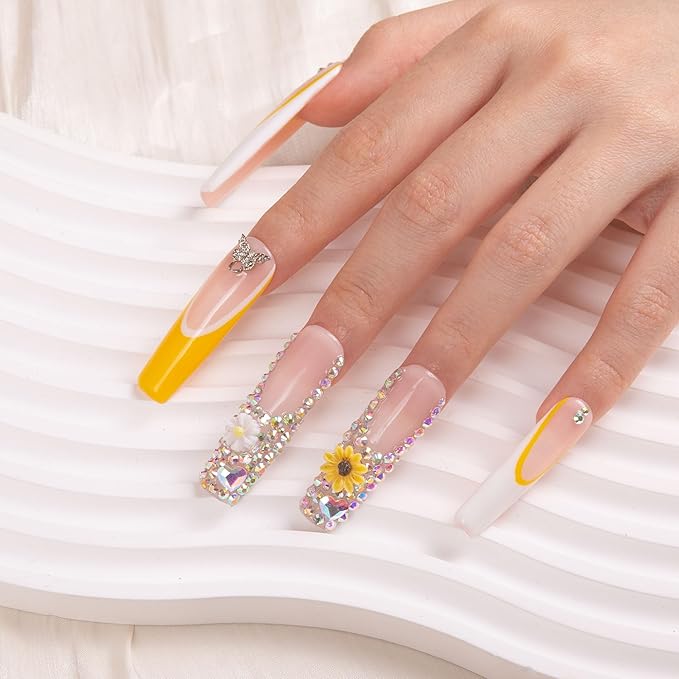 LOVFUL Press on Nails Sunflower| Handmade with Full Covered Crystals| Reusable Fake Nails| Square Mid length 1.7in| H143-L