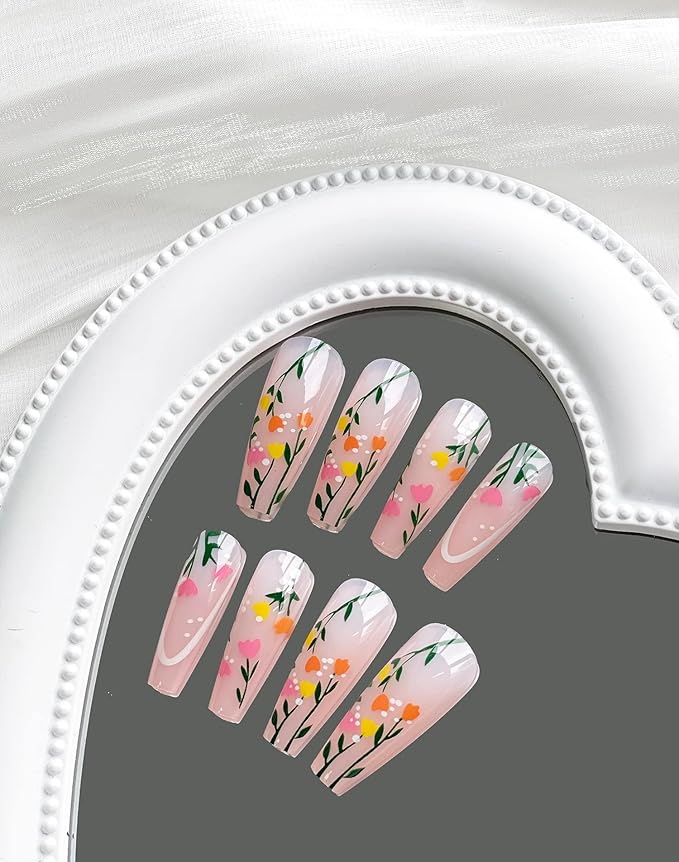 Press on Nails Long Coffin MABKJLF Spring French Fake Nails Full Cover False Nails with Flower and Leaves Designs Glossy False Nails with Nail Glue Artificial Acrylic Nails for Women Girls 24 Pcs