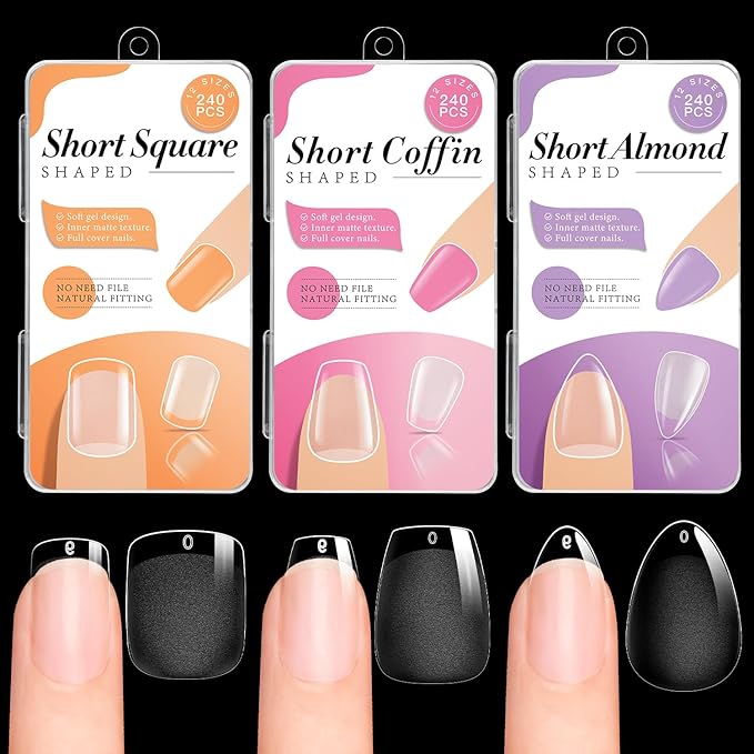 krofaue 3 Styles Short Nail Tips Kit - 720PCS Half Matte Coffin, Almond, Square Fake Nails Full Cover Press on Extension for Soft Gel Tips Set Art DIY Home
