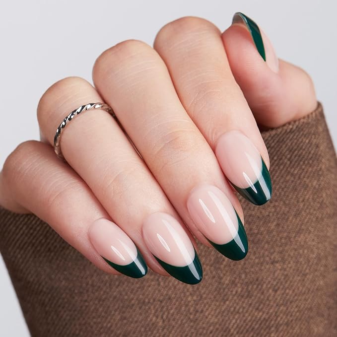 Modelones Green French Tip Press on Nails Almond, St Patricks Day Spring Short Almond Fake Nails, Nail Kit with Nail Glue Adhesive Tabs Mini Nail File, Nails Press Ons 32Pcs16 Sizes