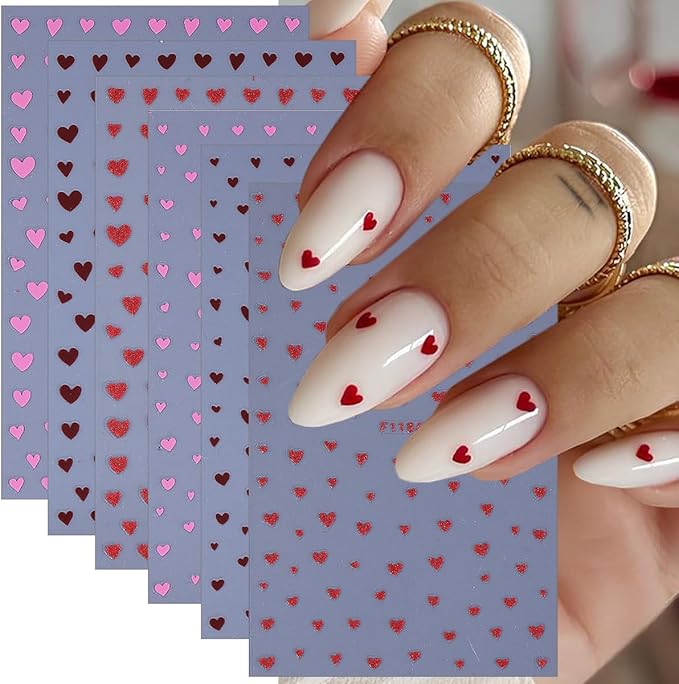 6 Sheets Valentines Nail Stickers for Nail Art 3D Self-Adhesive Red Pink Mini Heart Nail Art Stickers Romantic Love Hearts Nails Designs Supplies for Women Valentine Holiday Nails Decorations