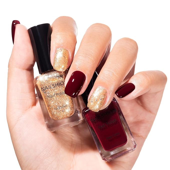 Wine Red Sparkle Champagne Nail Polish Duo, Fast Air Dry Burgundy Nail Polish, Opaque Dark Red, Non-Gel, Crème, Toxic-free Long Lasting Glossy Nails Art for Home DIY Manicure