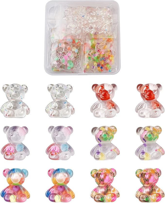 FASHEWELRY 60Pcs Transparent Resin Gummy Bear Cabochons Flatback 3D Cute Cartoon Bear Slime Charms with Star Paillette for DIY Jewelry Making