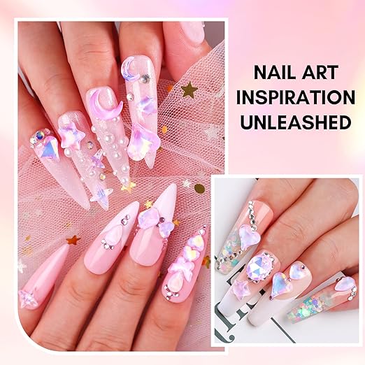 Makartt Nail Charms Rhinestone Glue Kit, 15ml Gel with 100PCS Pink Rhinestones Gems 3D Decor with Tweezer Acrylic Supply for Nails Techs