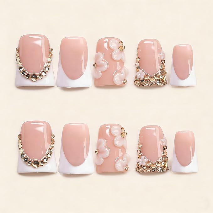 Duck Handmade Press on Nails Luxury 3D Flower & Rhinestone Fake Nails Muti-Layer Gel Acrylic Nail White French Tip False Nails with Design Full Cover Thicked Short Stick on Nail for Women (M)