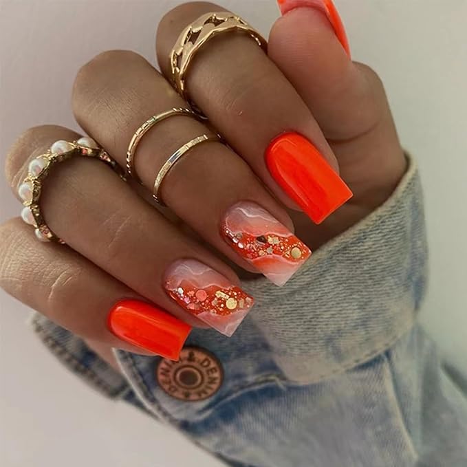 Orange Press on Nails Medium Square Fake Nails Press ons Full Cover False Nails with Design Gold Foil Sequins Glue on Nails Shiny Glossy Acrylic Artificial Nail for Women Manicure 24Pcs