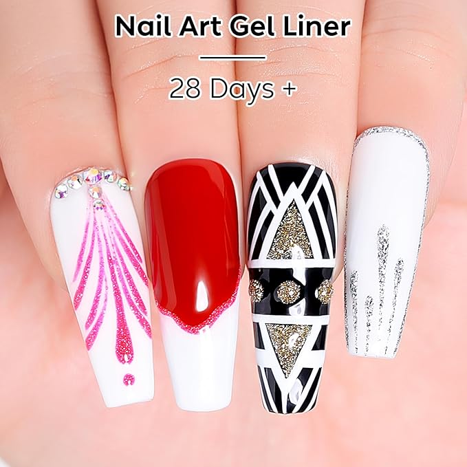 AIMEILI Gel Polish Nail Art Liner, Hema Free, Cruelty Free, Vegan, 6 Colors Black White Red Pink Gold Silver Design Paint for French Chrome Manicure DIY