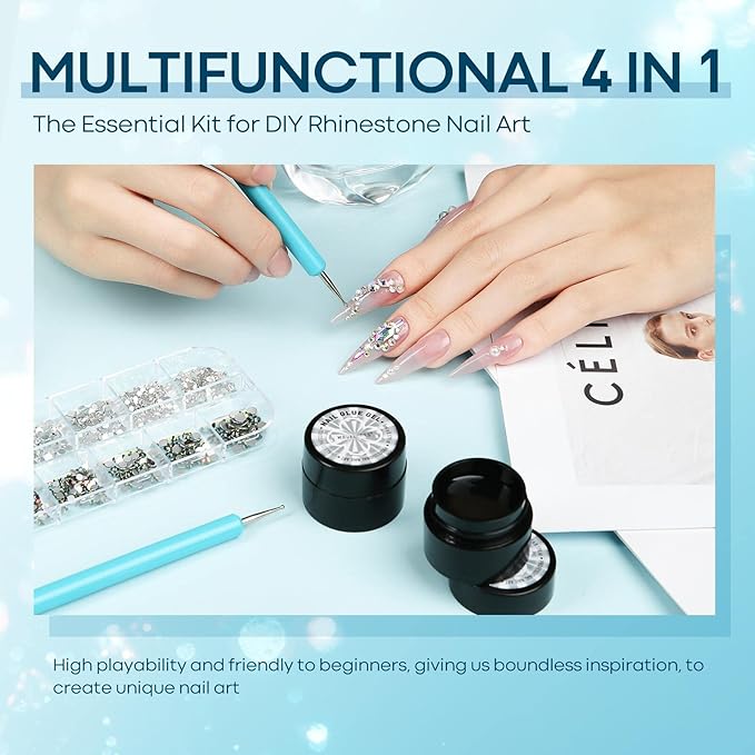 modelones Professional UPF99+ UV Protection Gloves and Rhinestone Glue for Nail, No Wipe Nail Gem Glue, Super Strong Adhesive Glue Gel with Nail Charms & Dual-Use Nail Brush for Nail Rhinestones/Nail