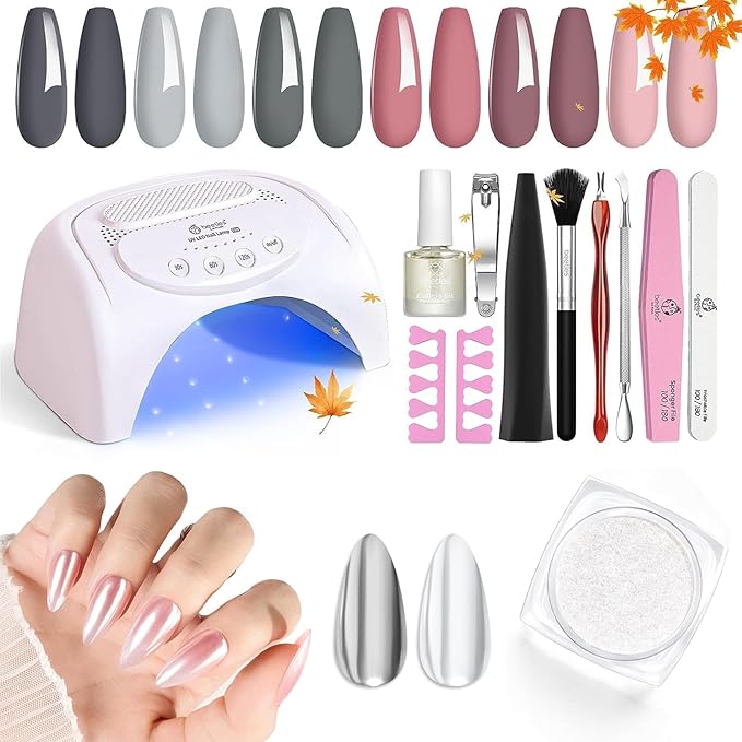 Beetles Gel Nail Polish Kit with U V Light 48W Led Nail Lamp 6 Colors Christmas beetles Gel Polish Chrome Nail Powder for Gel Nails, 1g Glazed Silver Nail Powder Mirror Effect Nail Manicure