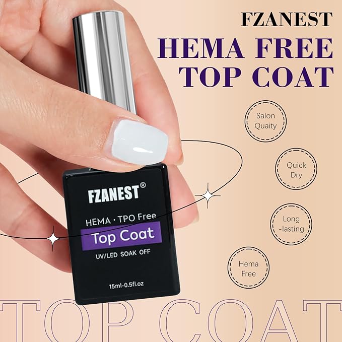 FZANEST Gel Top Coat HEMA-Free, No Wipe Top Coat Nail Polish Smooth High Shine Gel Finish Soak Off UV LED