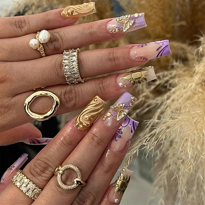 Long Square Press on Nails Fake Nails Artificial Nail Stick on Nail for Women Purple to Nude Ombre with 3D Gold Butterfly, Sun Charm, Sparkling Rhinestones