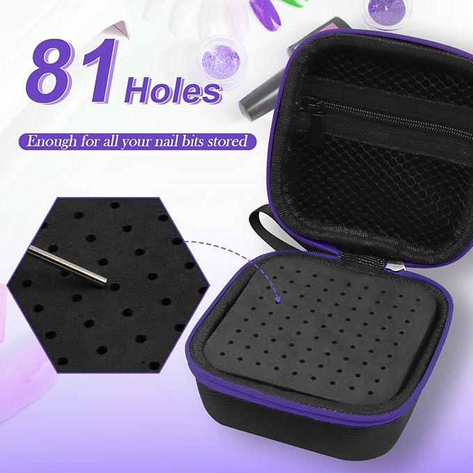 81 Holes Nail Drill Bit Holder, (ONLY CASE) Nail Bits Display Organizer Container, Nail Bits Container Box Case with High Density Foam, Efile Nail Bits Professional Manicure Tools, (Purple)