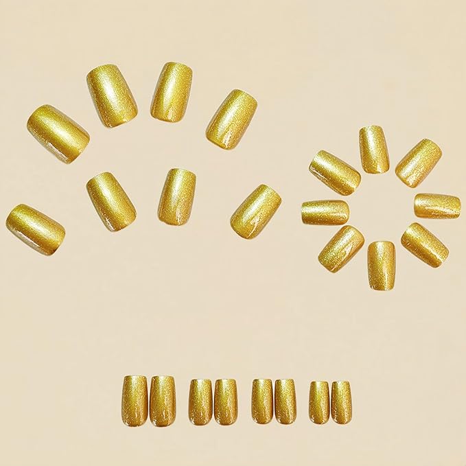 Gold Press on Nails Short Square Fake Nails Press ons with Designs Gold Glitter Full Cover Glue on Nails Shiny Glossy Acrylic False Nails Stick on Nail for Women Nail Manicure Decoration 24Pcs